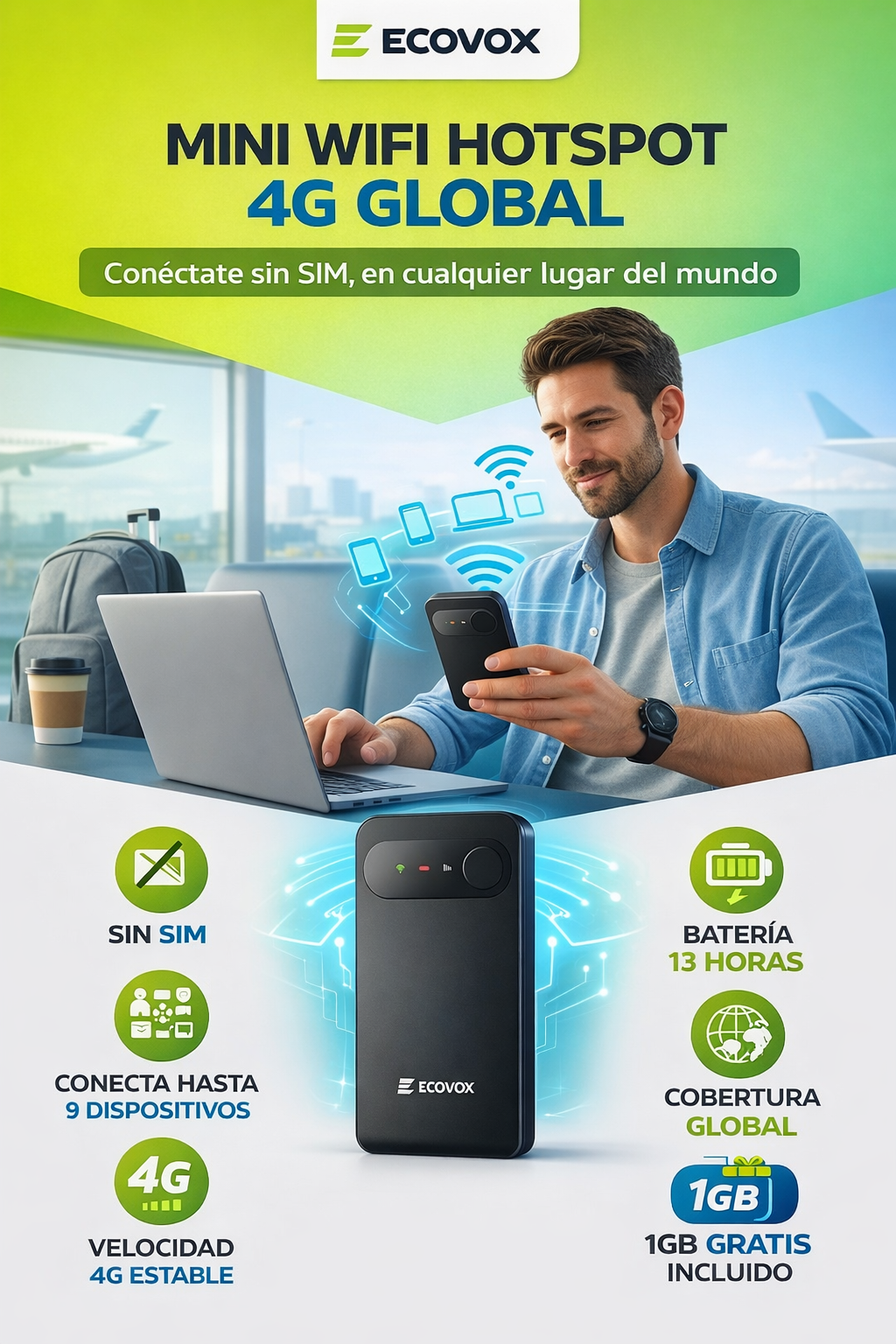 ECOVOX AIRLINK™ – WIFI PORTÁTIL GLOBAL 4G (40% DCTO)