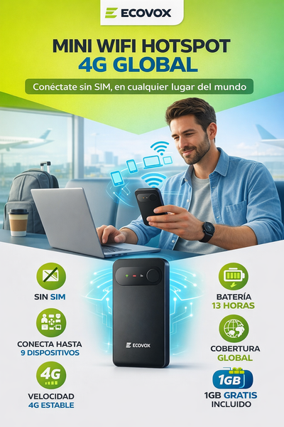 ECOVOX AIRLINK™ – WIFI PORTÁTIL GLOBAL 4G (40% DCTO)